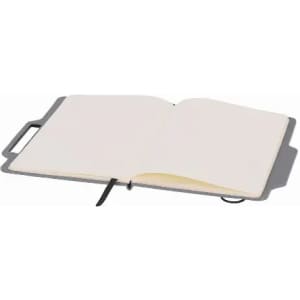 A notebook with a grey cover, featuring blank pages and a black elastic closure. It has a handle for easy carrying.
