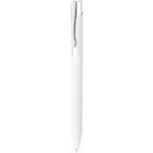 A white pen with a clip, featuring a simple design and a transparent tip.