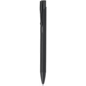 A black pen with a clip, featuring a sleek design and a smooth-writing tip.