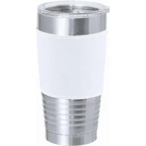 A drink bottle featuring a stainless steel bottom and a white upper portion, topped with a clear lid.