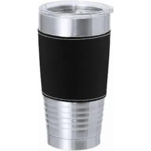 A drink bottle with a black textured grip and a shiny silver bottom, featuring a clear, lid with a straw.