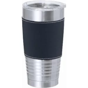 A drink bottle featuring a stainless steel base and a navy blue silicone sleeve. It has a transparent lid and a branding logo.