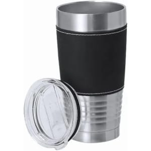 A drink bottle with a stainless steel body, black silicone grip, and a clear lid. Features a logo on the side.