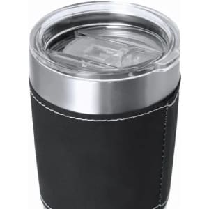 A drink bottle with a stainless steel top and clear lid, featuring a black leather sleeve. It has a modern design.