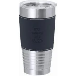 A drink bottle with a stainless steel body, black silicone sleeve, and a clear lid featuring a straw hole.