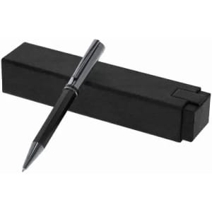 A black pen resting on a sleek black box, showcasing a simple and elegant design.