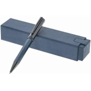 A blue pen rests on a matching blue box, featuring a sleek design and a black clip.