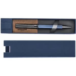A pen housed in a navy blue box, with a sleek silver and black design, featuring a card inside.