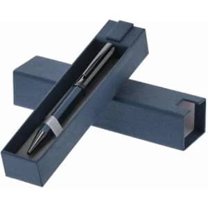 A pen in a navy blue presentation box with a textured surface, featuring a sleek design and a subtle logo.