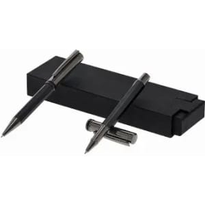 A pencil and a pen in a sleek black box, featuring a minimalist design.