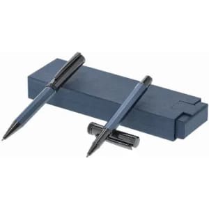 A pen set featuring two navy blue pens resting on a matching box. The box is also navy blue with a sleek design.