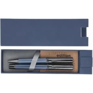 A pen set in a navy blue box, featuring two blue pens with silver accents and a beige card inside.
