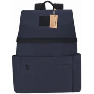 A backpack in navy blue with multiple compartments and a branded tag attached.