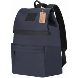 A navy blue backpack featuring a flap closure, a front pocket, and a tag. It has adjustable straps and a minimalist design.