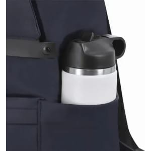A navy backpack with a white and black drink bottle securely placed in a side pocket.