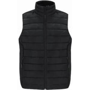 A black puffer vest with a high collar and zippered front, featuring two side pockets.