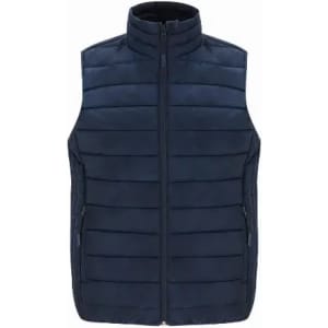 A sleeveless puffer vest in navy blue with a zip front and side pockets. The vest features a subtle quilted design.
