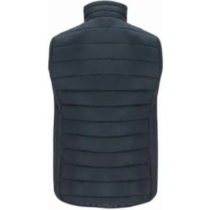 A puffer vest in navy blue with horizontal quilted sections and a high collar, featuring no visible branding.
