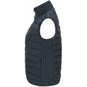 A sleeveless puffer vest in dark navy with vertical stripes and a zippered pocket on the side.
