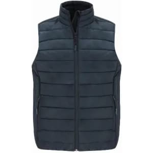 A dark navy puffer vest with a high collar and zip front, featuring two side pockets and horizontal stitching.