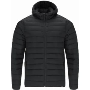 A black padded jacket with a hood and full-length zipper, featuring quilted detailing on the front.