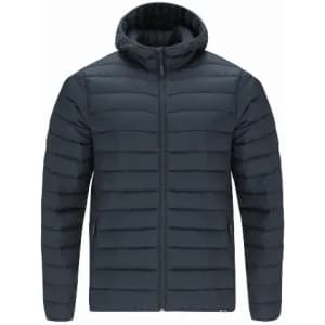 A puffer jacket in dark navy blue with a hood, featuring a zippered front and horizontal quilted design.