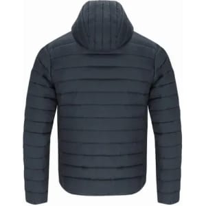 A puffer jacket in navy blue with a hood, featuring a quilted texture and a sleek design.