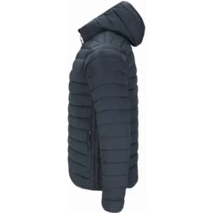 A dark navy padded jacket with a hood, featuring a side view and horizontal stitching. It has a smooth finish.