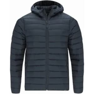 A padded jacket in dark navy blue with a zip front and a hood. The design features horizontal panel stitching.