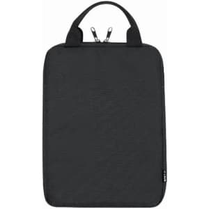 A black courier bag with a zipper and two handles, featuring a minimalist design and a logo.