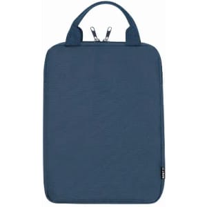 A blue laptop sleeve with a textured finish and double zipper closure, featuring two carry handles and a logo.