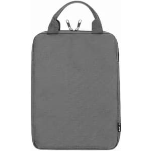 A grey laptop sleeve with handles and a zip closure, featuring a logo on the side.
