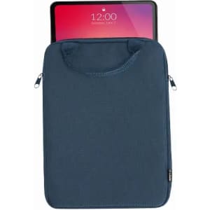 A navy tablet sleeve with a handle, featuring a zip closure and a tablet partially inserted.
