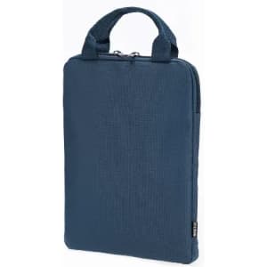 A laptop sleeve in dark blue with a zip closure and two handles for easy carrying, featuring a logo.
