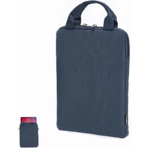 A laptop sleeve in navy blue with a textured finish and dual handles for easy carrying. It has a zip closure and branding.