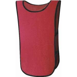A red training vest with black edging, featuring a sleeveless design and open sides for easy wearing.