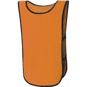 An orange training vest with black trimming and side openings for ventilation. It features a simple sleeveless design.