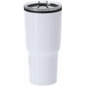 A drink bottle in white with a stainless steel lid and black rim, featuring a logo.