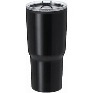 A drink bottle in matte black with a stainless steel lid, featuring a sleek, modern design.