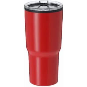 A drink bottle featuring a shiny red exterior and silver accents, with a lid for secure closure.