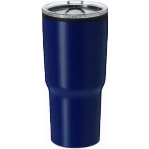 A drink bottle in deep navy blue with a stainless steel lid and a logo on the side.