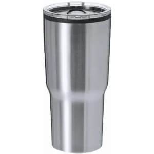 A drink bottle in stainless steel with a sleek design and a lid featuring a logo.