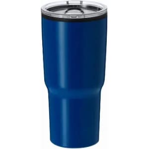A drink bottle with a sleek design in blue, featuring a stainless steel lid and a black rim.