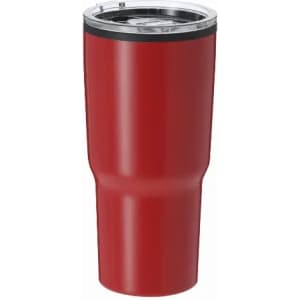A drink bottle in a red finish with a stainless steel lid and a black silicone band. It features a logo.