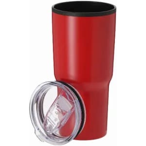 A drink bottle in bright red with a black lid. The lid is transparent and fits securely on top.