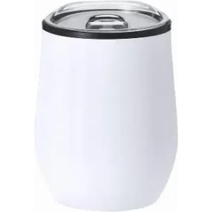A drink bottle in white with a clear lid and a black rim, featuring a logo on the front.