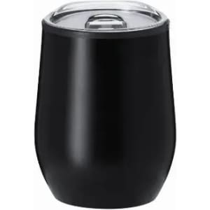 A drink bottle in sleek black with a clear lid and a rounded shape, featuring a logo on its surface.