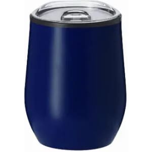 A drink bottle in a sleek navy blue colour with a clear lid and a rounded shape. It features a logo.
