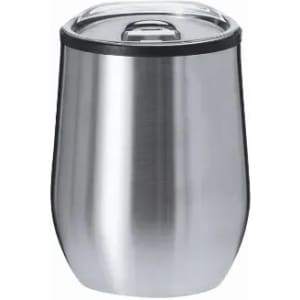 A drink bottle in stainless steel with a black lid, featuring a smooth and sleek design.