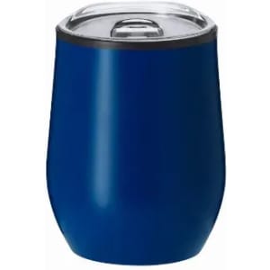 A drink bottle in a vibrant blue colour with a clear lid and a sleek, rounded design. It features a logo.